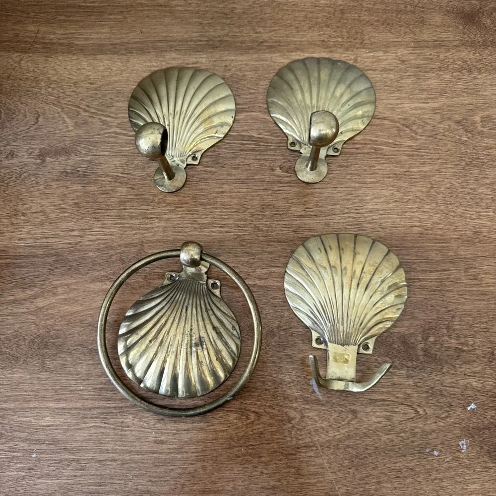 Vintage Brass Sea Shell Bathroom Accessories Toilet Paper, Hook & Towel Beach